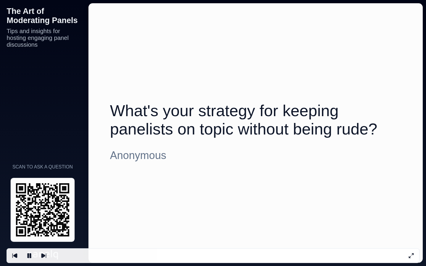 PanelQ live display showing audience questions on screen