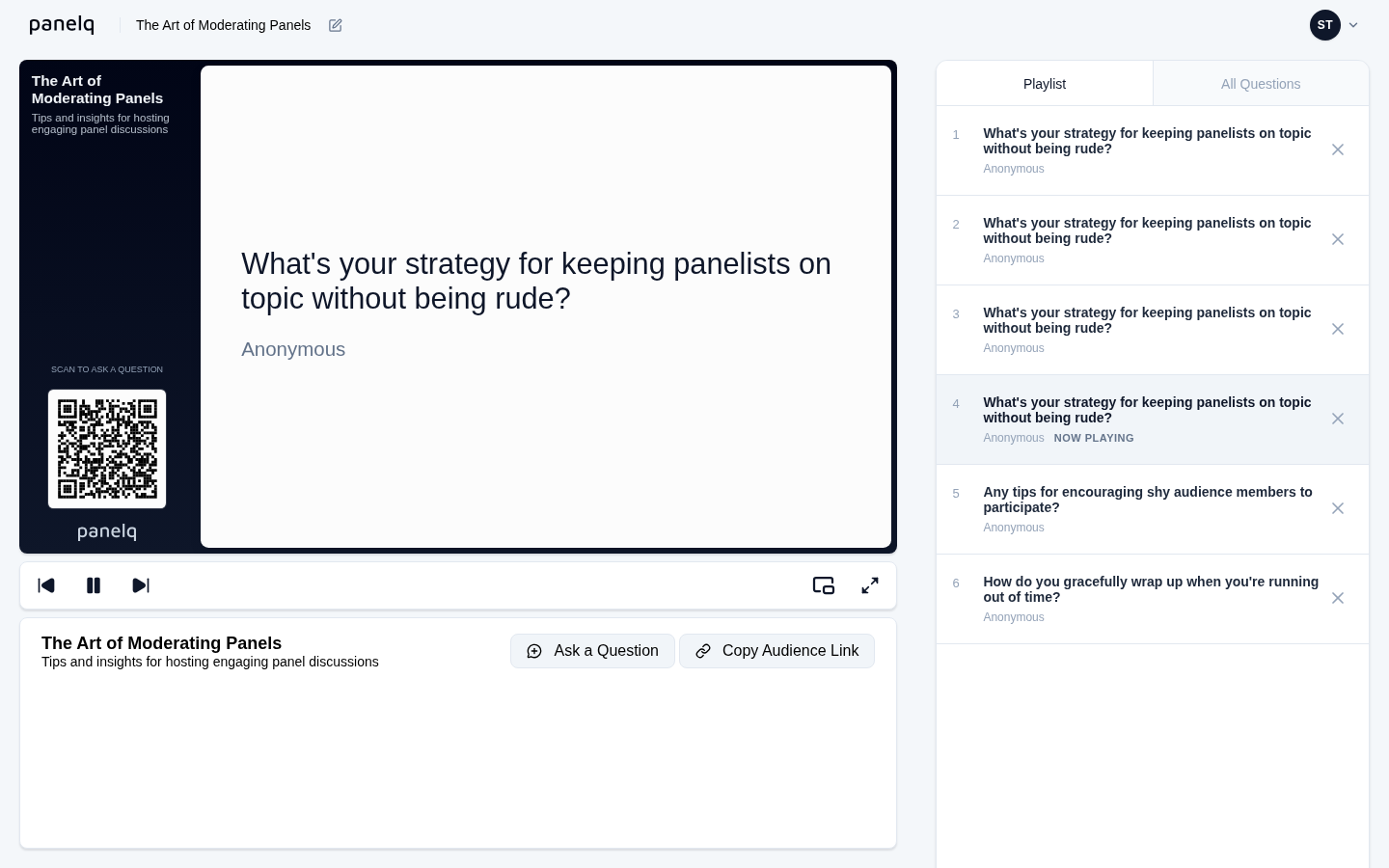 PanelQ moderation dashboard for reviewing and queuing questions